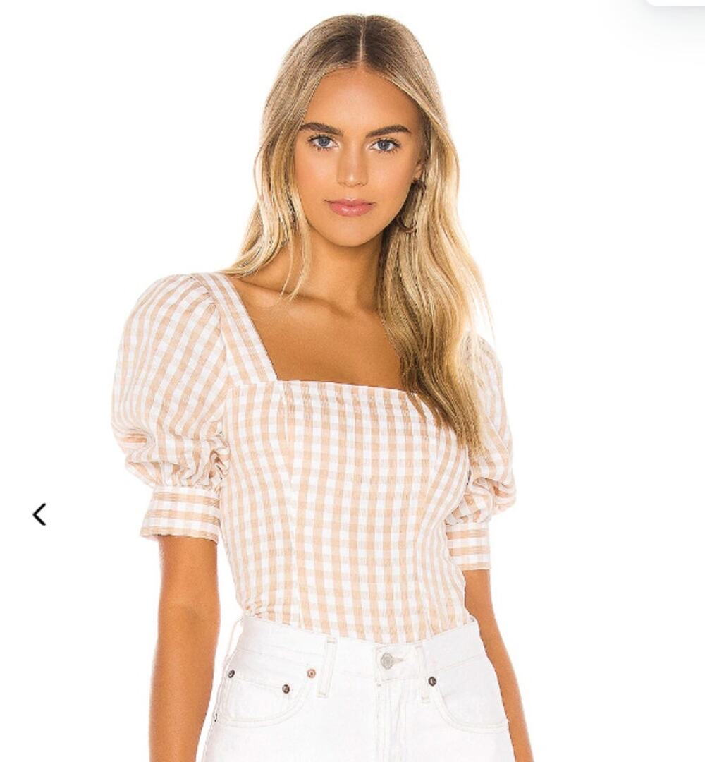 Revolve Majorelle Christina Gingham Puff Sleeve Top Beige White Square Neck XS